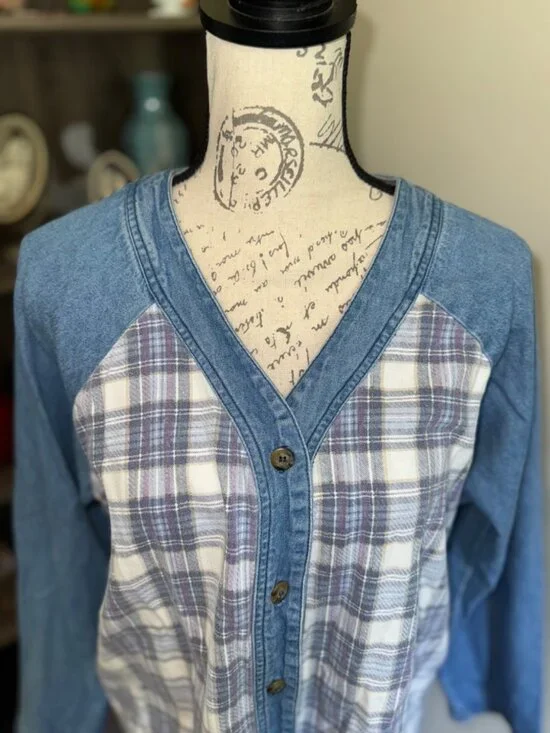 Lajate Denim & Plaid Flannel Button Down Shirt Shacket Womens Large 80s Vintage - Picture 3 of 9